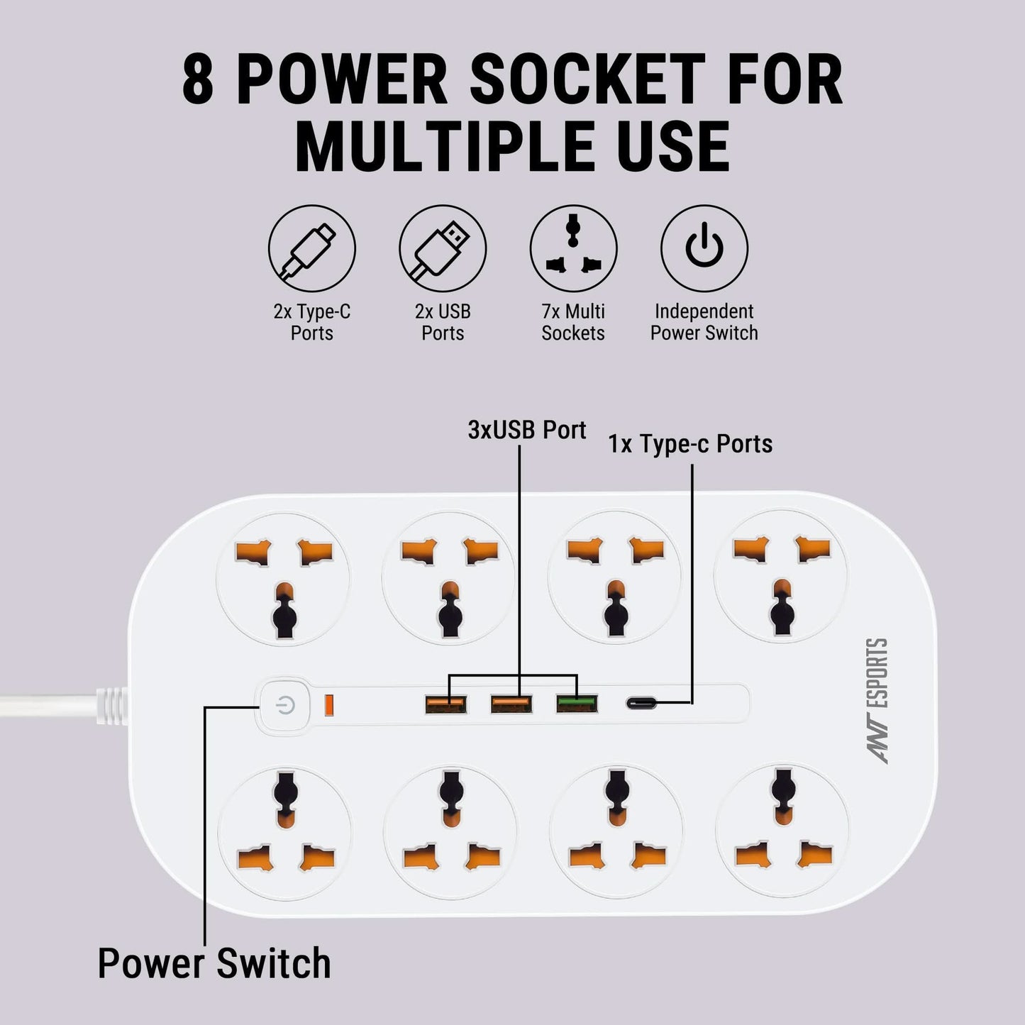 ANT ESPORTS PS831 UNIVERSAL POWER STRIP WITH USB & TYPE C WITH 8 UNIVERSAL SOCKETS, 3 METERS CABLE - WHITE