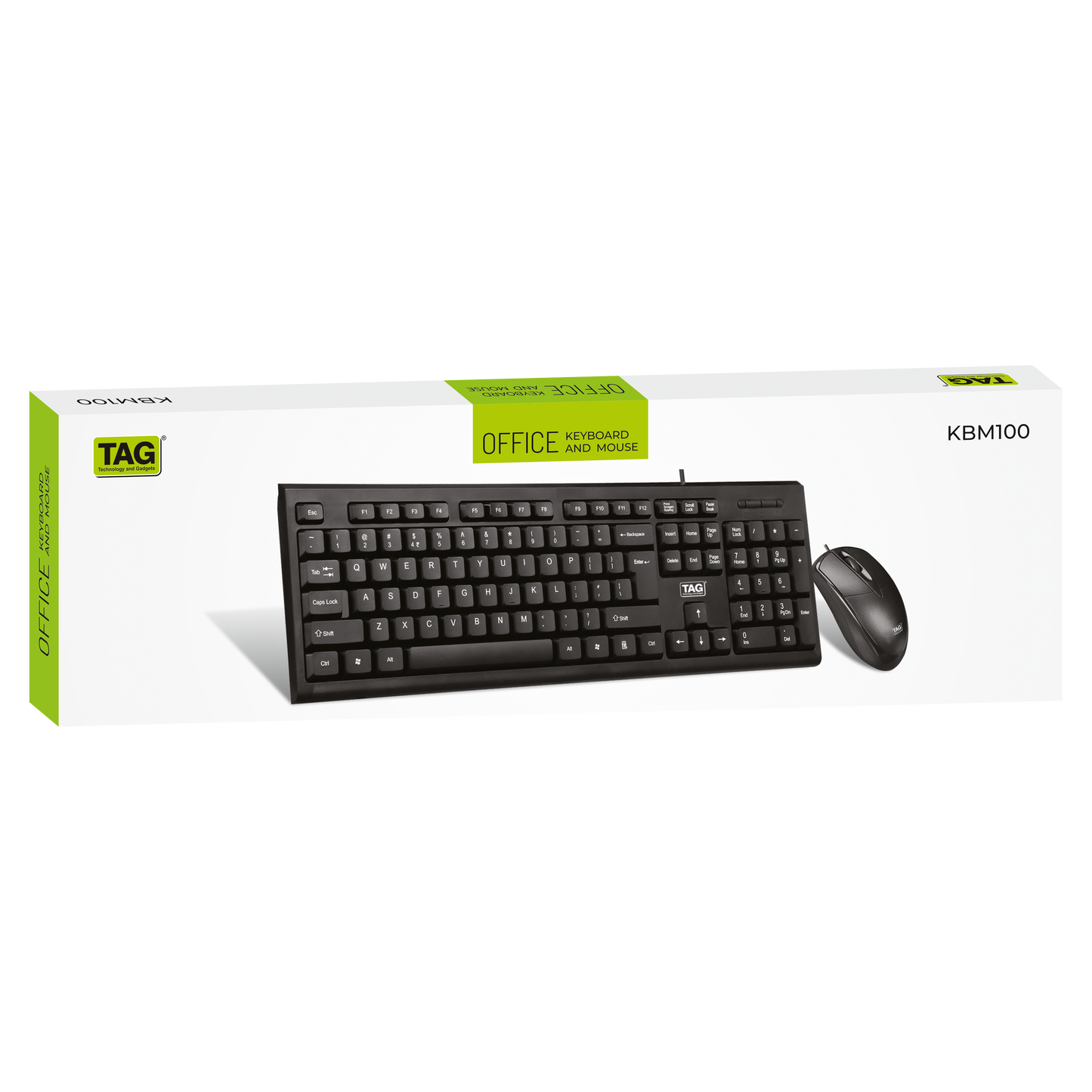 TAG KBM100 USB Keyboard and Mouse Combo, 104-Key Full Size Keyboard, 800 DPI 3-Button Mouse, Wired, Black