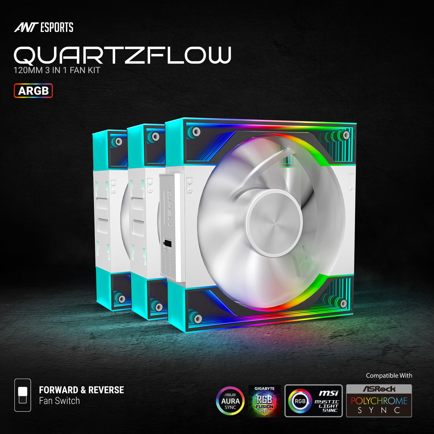 ANT ESPORTS QUARTZFLOW 120MM 3 IN 1 ARGB CASE FAN KIT WHITE