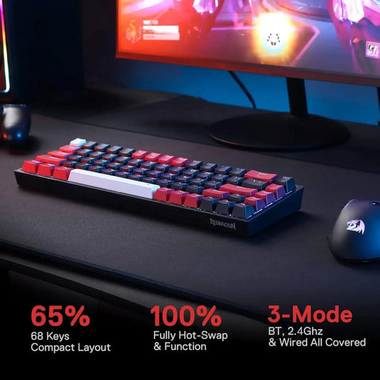 Redragon K631 PRO 65% 3-Mode Wireless RGB Gaming Keyboard, 68 Keys Hot-Swappable Compact Mechanical Keyboard PCB Socket & Dedicated Arrow Keys, Quiet Red Linear Switch
