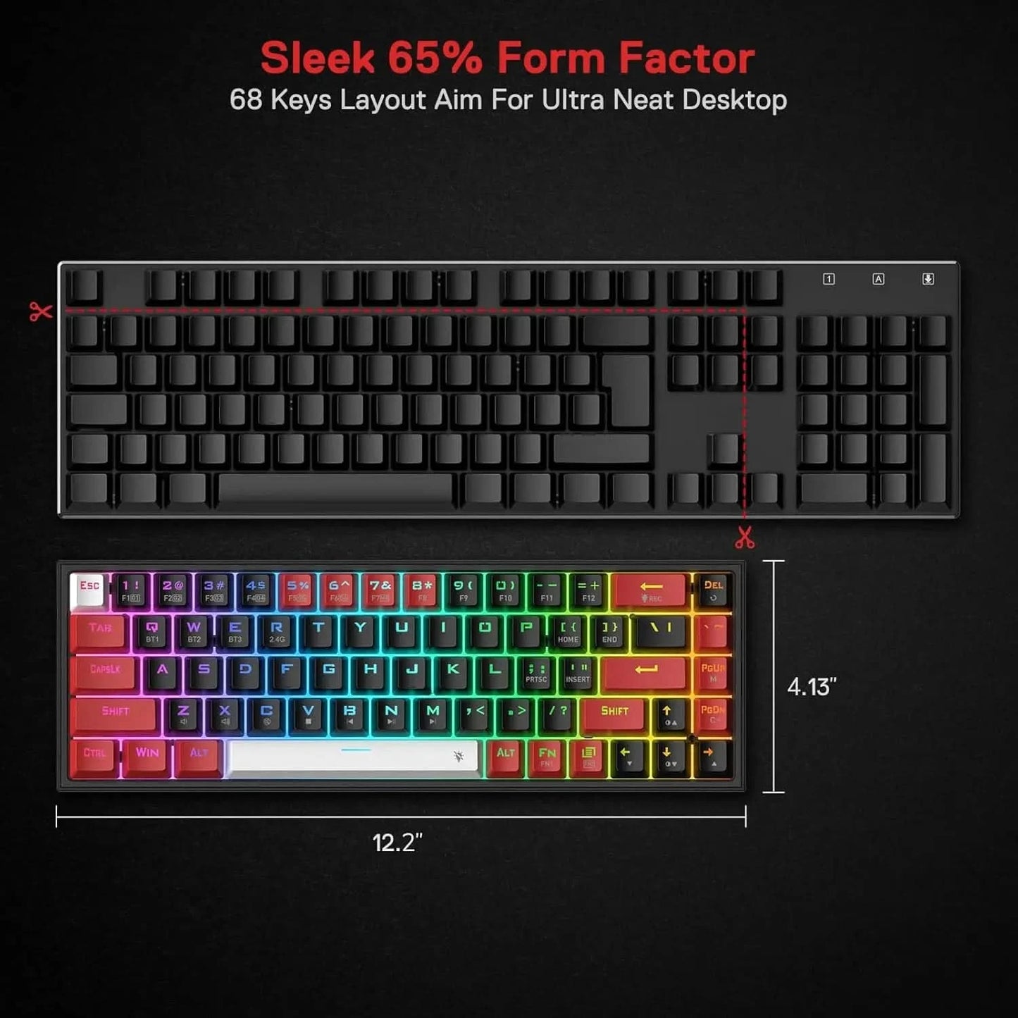 Redragon K631 PRO 65% 3-Mode Wireless RGB Gaming Keyboard, 68 Keys Hot-Swappable Compact Mechanical Keyboard PCB Socket & Dedicated Arrow Keys, Quiet Red Linear Switch