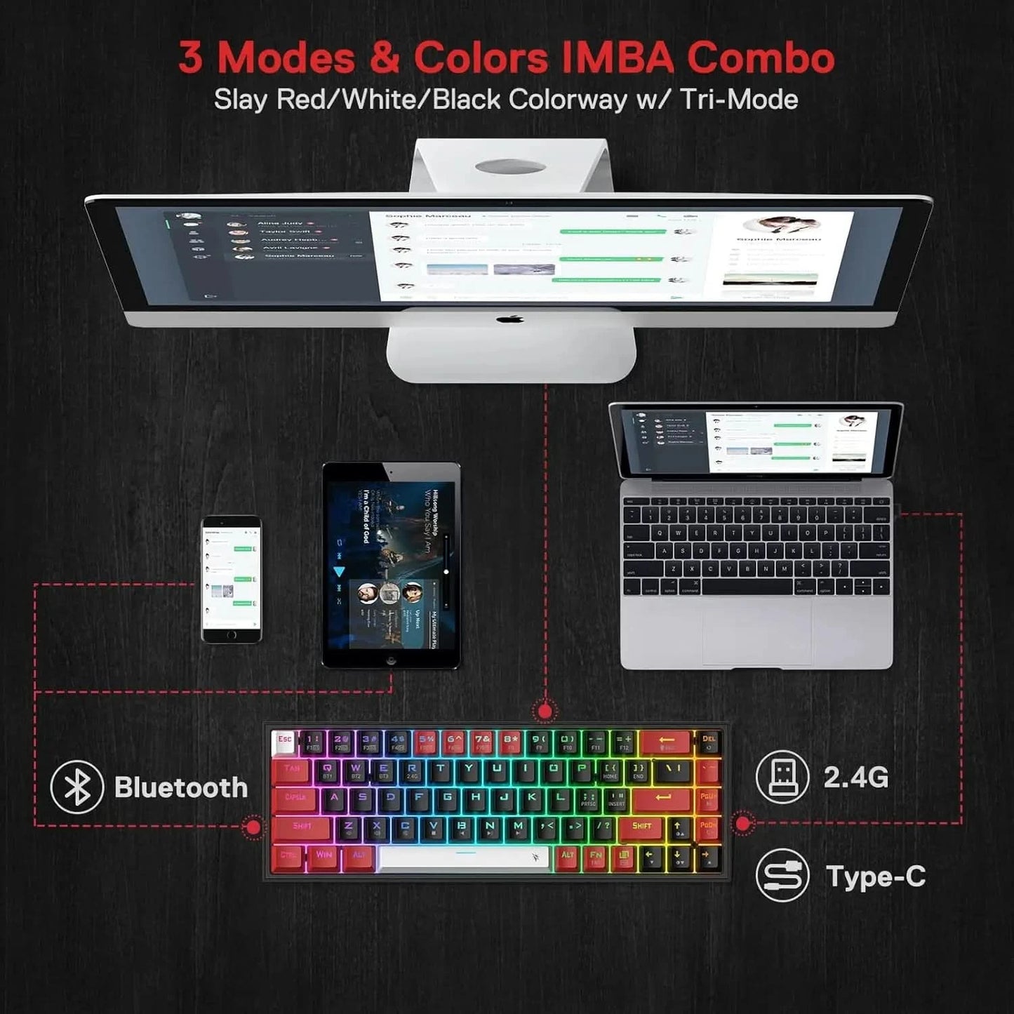 Redragon K631 PRO 65% 3-Mode Wireless RGB Gaming Keyboard, 68 Keys Hot-Swappable Compact Mechanical Keyboard PCB Socket & Dedicated Arrow Keys, Quiet Red Linear Switch