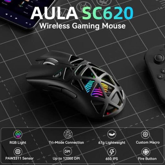 AULA SC620 Tri-Mode Wireless Gaming Mouse for PC, Laptop, Mac Black (SC620B)