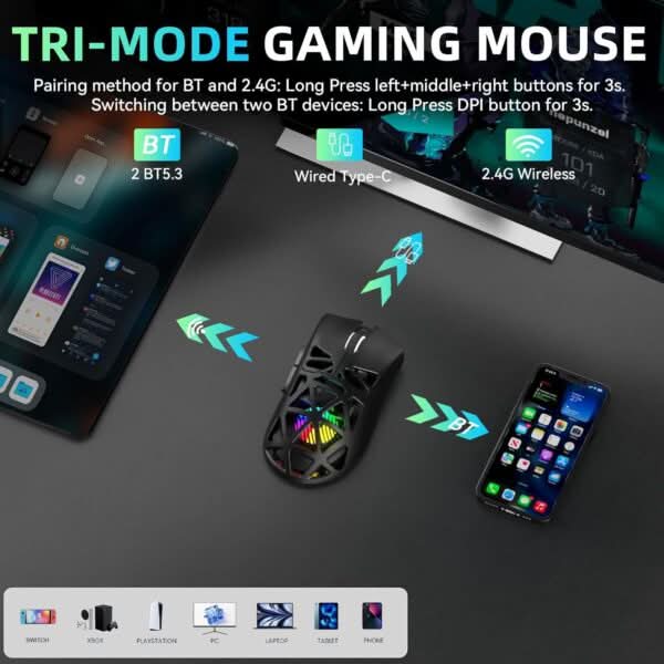 AULA SC620 Tri-Mode Wireless Gaming Mouse for PC, Laptop, Mac Black (SC620B)