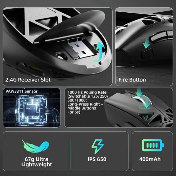 AULA SC620 Tri-Mode Wireless Gaming Mouse for PC, Laptop, Mac Black (SC620B)