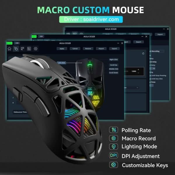 AULA SC620 Tri-Mode Wireless Gaming Mouse for PC, Laptop, Mac Black (SC620B)