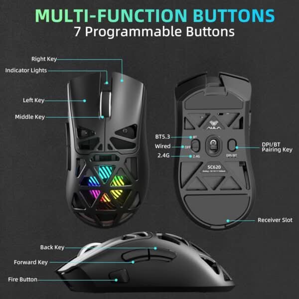 AULA SC620 Tri-Mode Wireless Gaming Mouse for PC, Laptop, Mac Black (SC620B)