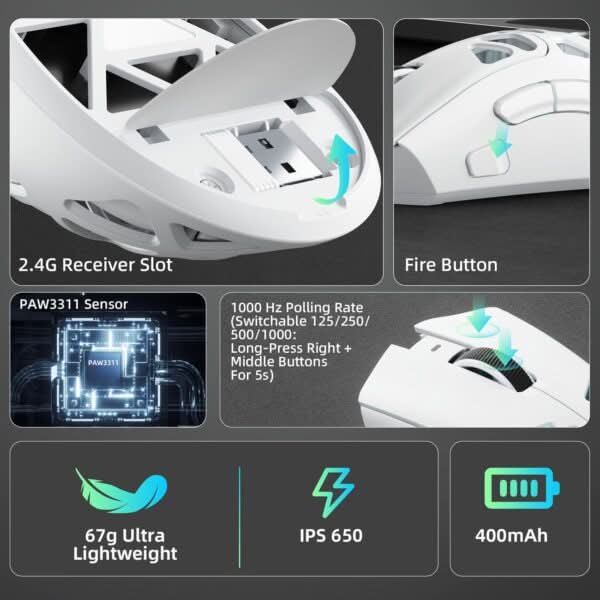 AULA SC620 Tri-Mode Wireless Gaming Mouse for PC, Laptop, Mac White (SC620W)