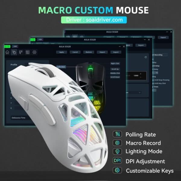 AULA SC620 Tri-Mode Wireless Gaming Mouse for PC, Laptop, Mac White (SC620W)