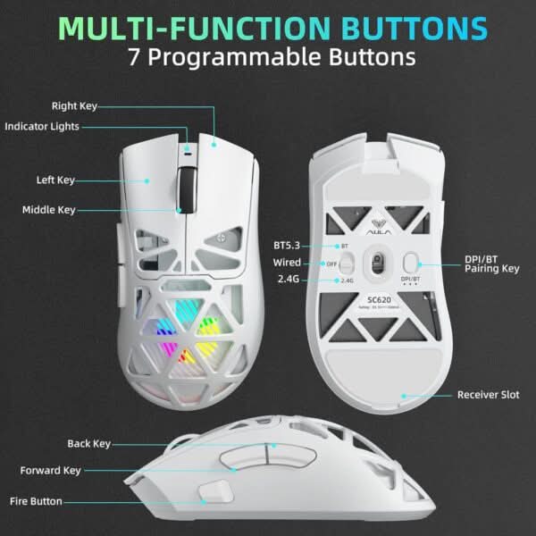 AULA SC620 Tri-Mode Wireless Gaming Mouse for PC, Laptop, Mac White (SC620W)