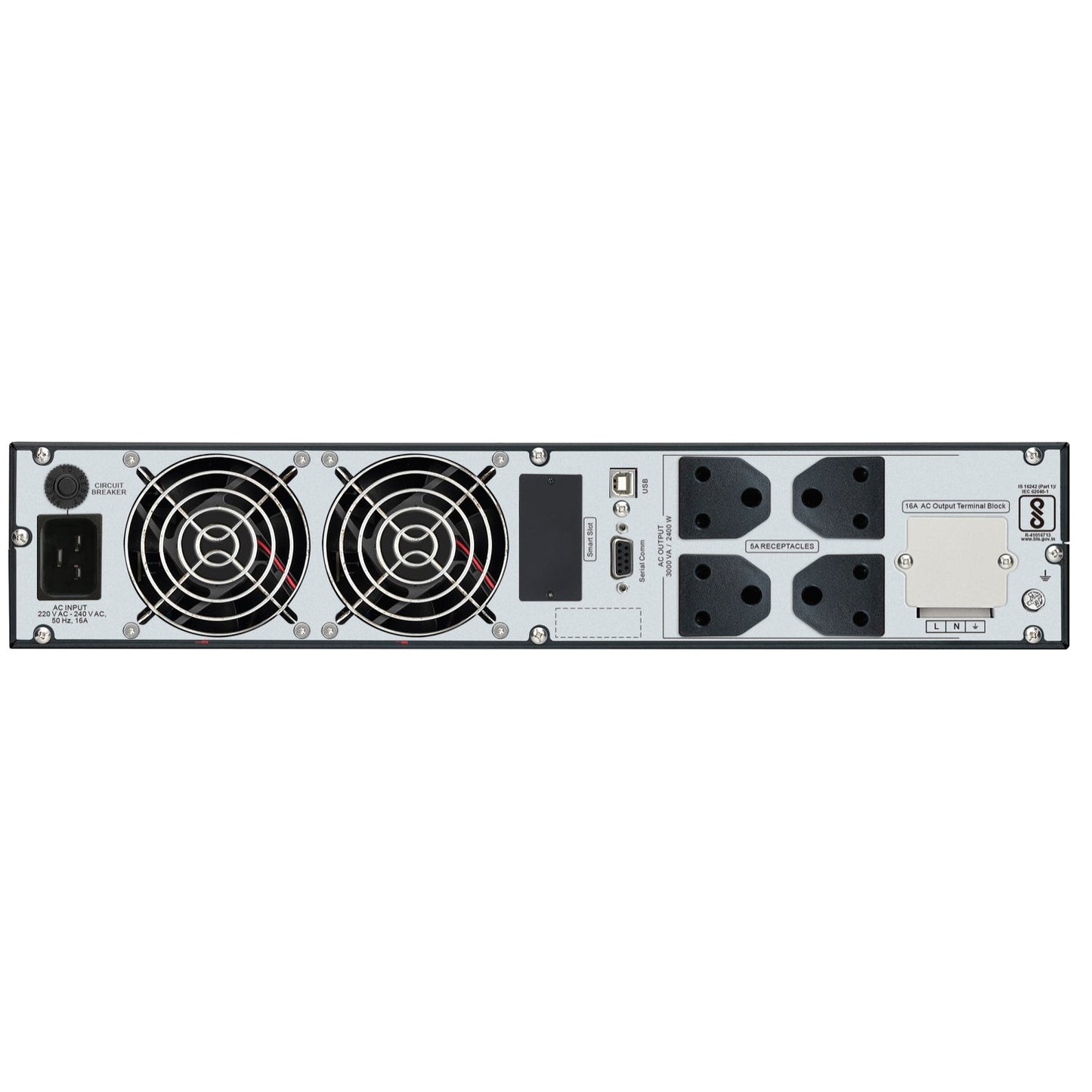 APC Easy UPS On-Line SRV3KL-IN - 3kVA/2400W | 230V | 4 India 3-pin 6A + 1x Hard wire 3-wire(1P+N+E) Outlets | Rackmount 2U | Intelligent Card Slot | Visual LCD and Audible Alarms | W/O rail kit | 2 years Warranty