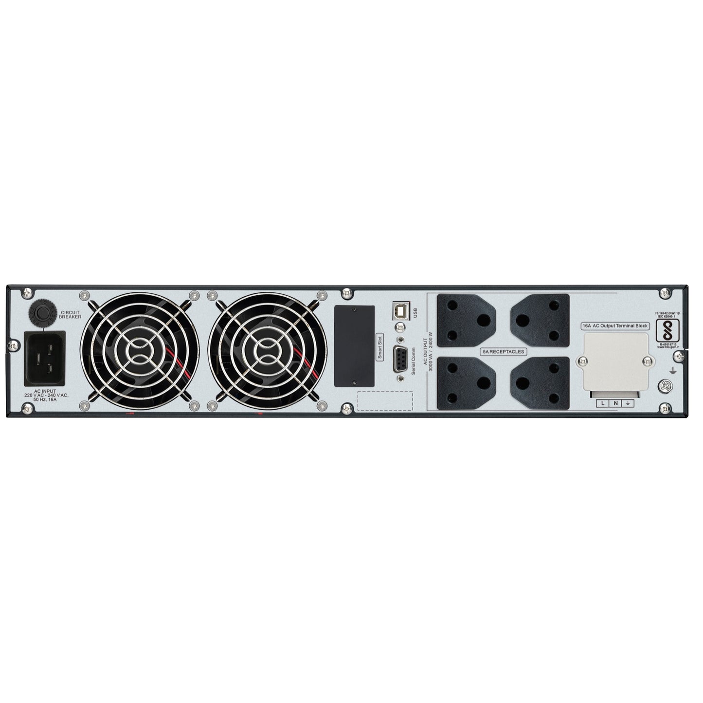 APC Easy UPS On-Line SRV3KL-IN - 3kVA/2400W | 230V | 4 India 3-pin 6A + 1x Hard wire 3-wire(1P+N+E) Outlets | Rackmount 2U | Intelligent Card Slot | Visual LCD and Audible Alarms | W/O rail kit | 2 years Warranty