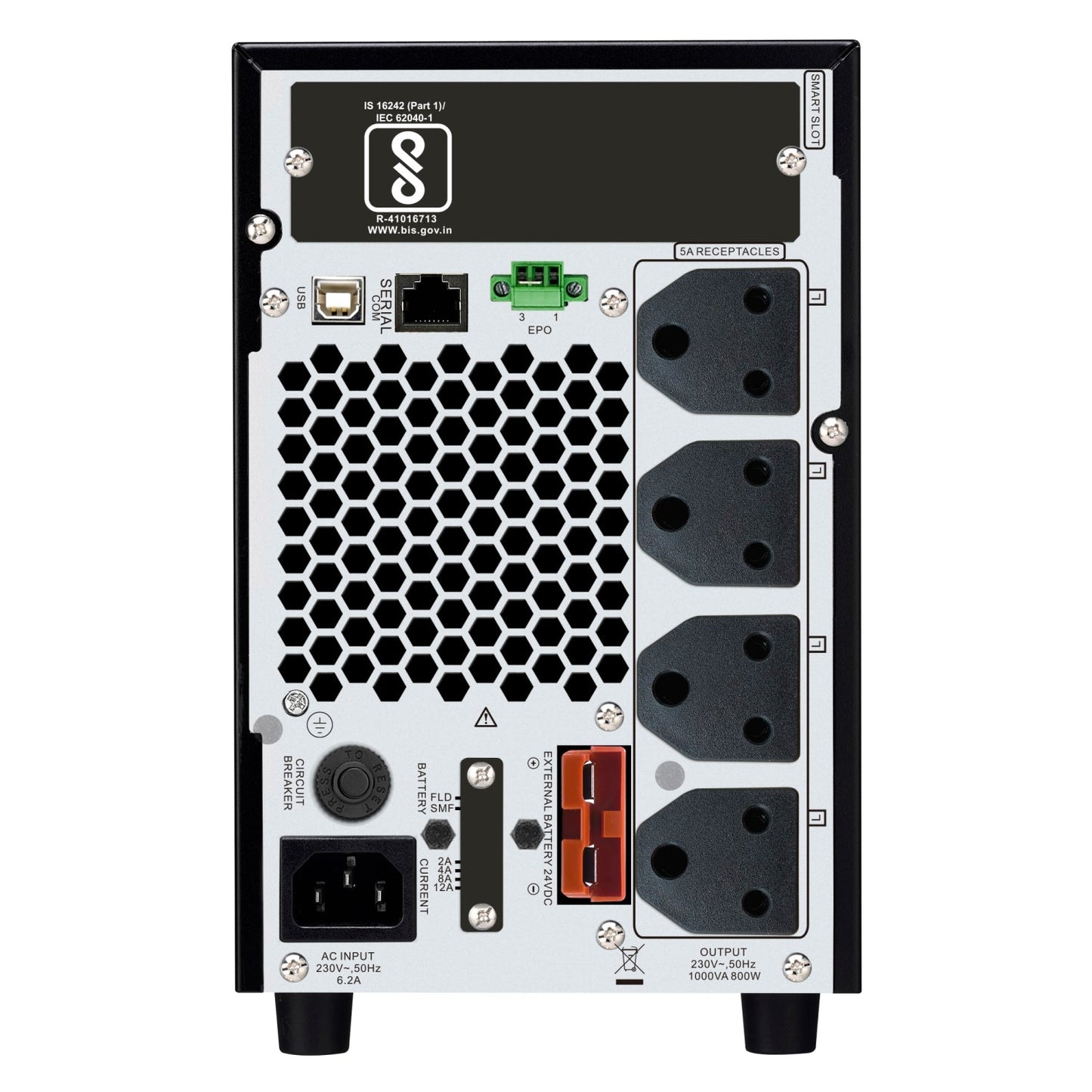 APC Smart-UPS SRC1KUXI - 1000VA/ 800W | 230V | 4x India 3-pin 6A Outlets | Visual LED and Audible Alarms | External battery | Energy Efficient | 2 years Warranty