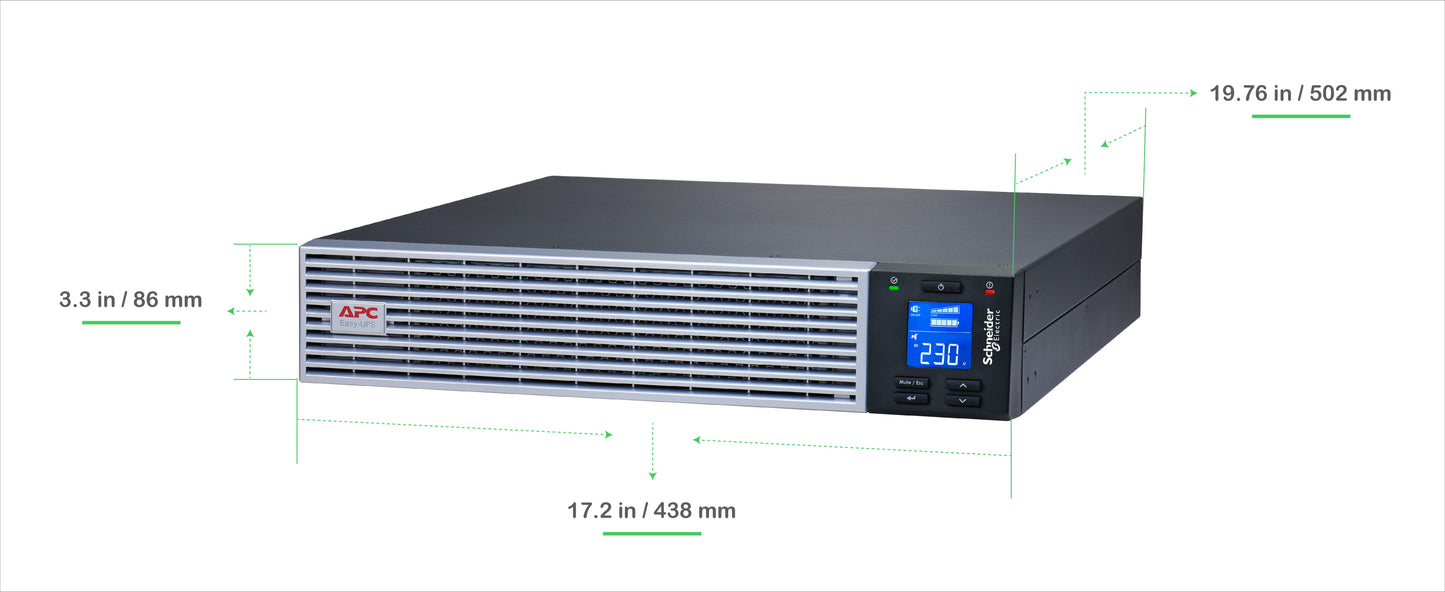 APC Easy UPS On-Line SRVL2KRI-IN - 2000VA/1800W |230V | 4 India 3-pin 6A + 1 Hard wire (1P+N+E) Outlets | Lithium-ion | Rack/Tower 2U | Intelligent Card Slot | Visual LCD and Audible Alarms | W/O rail kit | 3 years Warranty