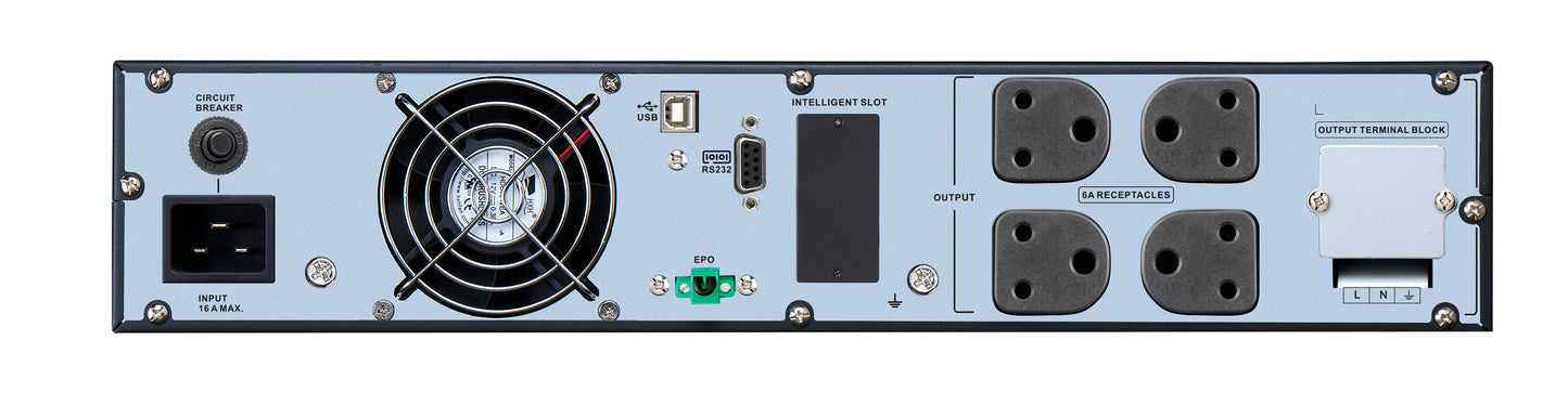 APC Easy UPS On-Line SRVL3KRI-IN- 3kVA | 230V | 4 India 3-pin 6A + 1 Hard wire 3-wire (1P+N+E) Outlets | Lithium-ion | Rack/Tower 2U | Intelligent Card Slot | Visual LCD and Audible Alarms | W/O rail kit | 3 years Warranty