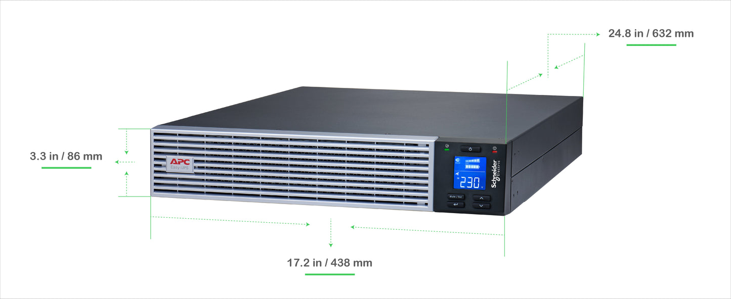 APC Easy UPS On-Line SRVL3KRI-IN- 3kVA | 230V | 4 India 3-pin 6A + 1 Hard wire 3-wire (1P+N+E) Outlets | Lithium-ion | Rack/Tower 2U | Intelligent Card Slot | Visual LCD and Audible Alarms | W/O rail kit | 3 years Warranty