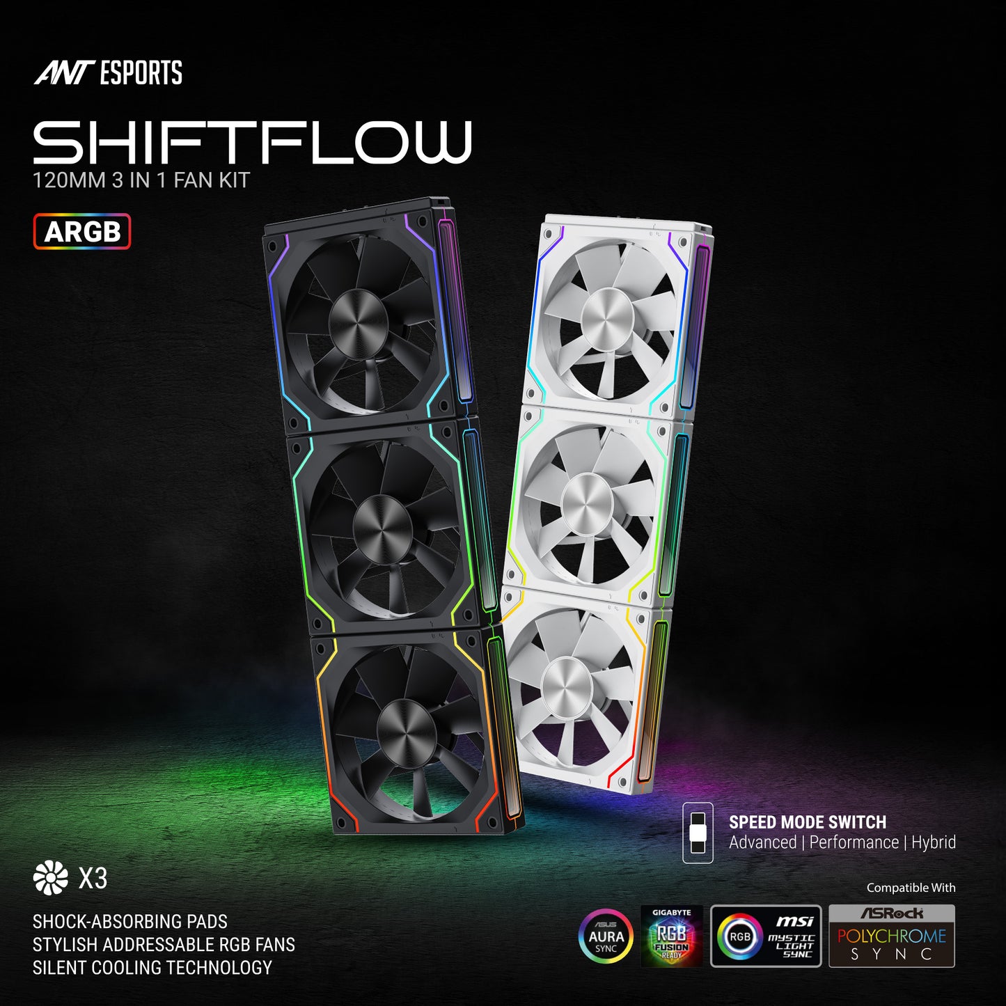 ANT ESPORTS SHIFTFLOW KIT 120MM 3-IN-1 CASE FAN KIT ARGB (BLACK)