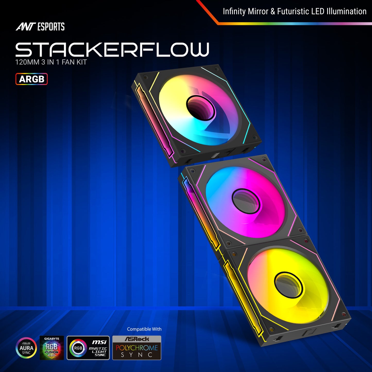 ANT ESPORTS FAN STACKERFLOW KIT 120MM 3-IN-1 CASE FAN KIT ARGB (BLACK)