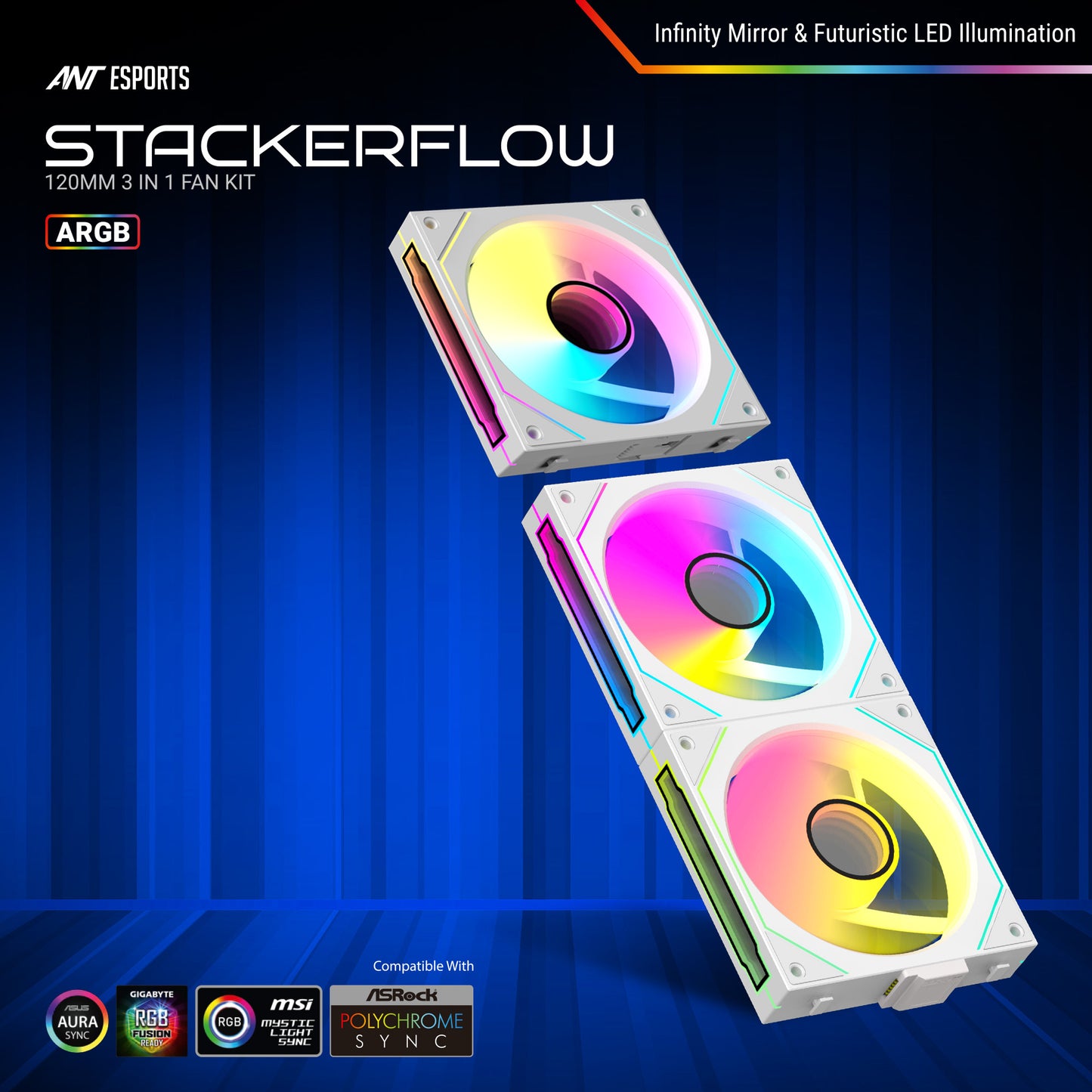 ANT ESPORTS STACKERFLOW KIT 120MM 3-IN-1 CASE FAN KIT ARGB (WHITE)