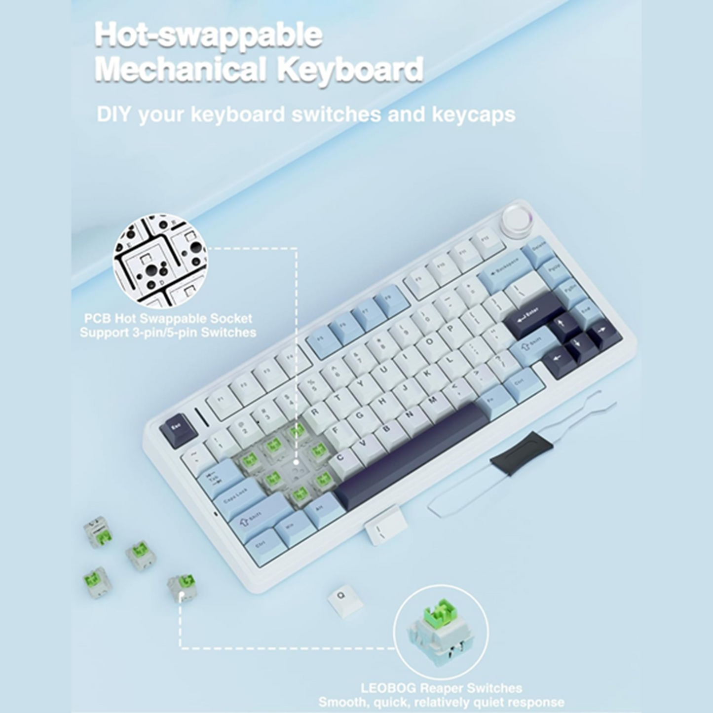 AULA F75 75% Wireless Mechanical Keyboard | Hot Swappable | Pre-lubed Linear Switches | RGB Backlit | 2.4GHz/Type-C/Bluetooth Gaming Keyboard (Ice Blue, Reaper Switch)