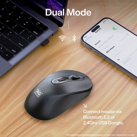 TAG WM900 Wireless Bluetooth Mouse, 2.4GHz, Bluetooth 5.2, 1600 DPI, 4 Buttons, Type-C Rechargeable, Black