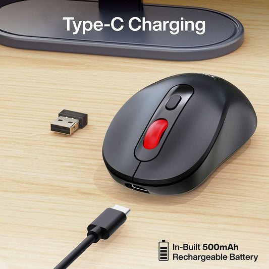 TAG WM900 Wireless Bluetooth Mouse, 2.4GHz, Bluetooth 5.2, 1600 DPI, 4 Buttons, Type-C Rechargeable, Black