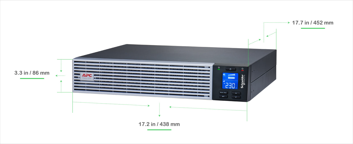 APC Easy UPS On-Line SRVL1KRI-IN - 1000VA/ 900W |230V | 4 India 3-pin 6A Outlets | Lithium-ion | Rack/Tower 2U | Intelligent Card Slot | Visual LCD and Audible Alarms | W/O rail kit | 3 years Warranty