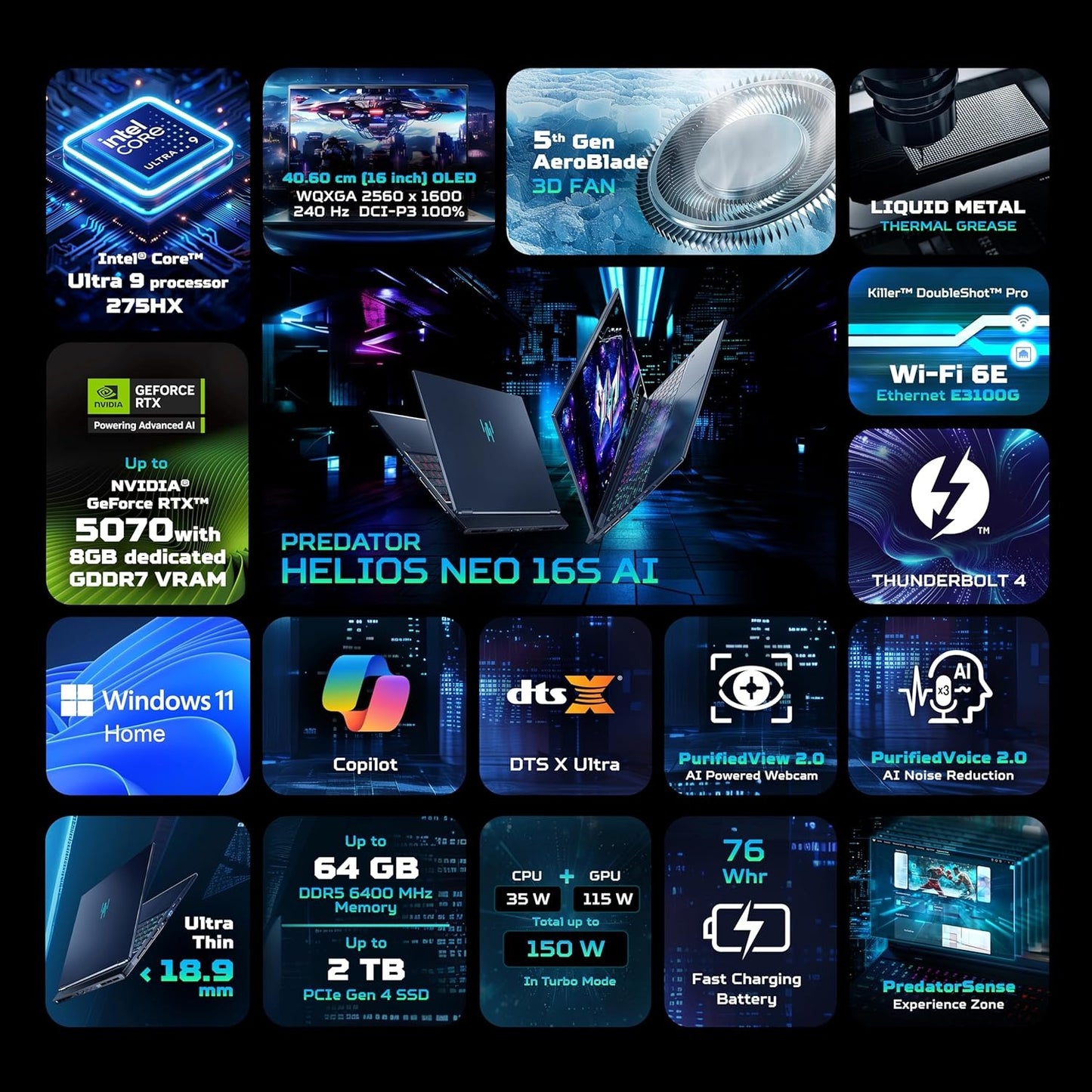 ACER PREDATOR HELIOS NEO 16 OLED AI NH.QX3SI.001 [ULTRA9-275HX/32GB/2TB SSD/WIN11 HOME/16.0"/8GB-RTX5070 GRAPHICS/1 YEAR(S)/BLACK]
