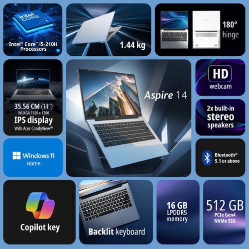 Acer Aspire 14 UN.36CSI.009, Intel Core 5 210H, Windows 11 Home, MS Office, 16GB RAM, 512GB SSD, 14 inch, Silver, Backlit Keyboard, AS14H-53, 1.44 kg Thin and Light Laptop