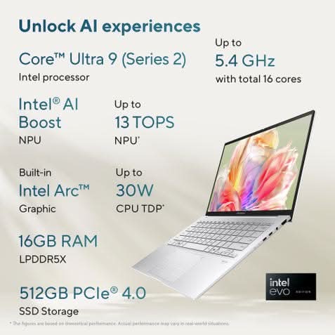 ASUS Zenbook 14 UX3405CA-QL1692WS, Intel Core Ultra 9 285H, 16GB RAM, 512GB SSD, Intel Arc Graphics, 14 inch OLED Touch FHD+, Windows 11 Home, Office Home 2024, M365 Basic-1 Year Validity, Thin and Light AI Laptop, 1 Year(s) Warranty, Silver