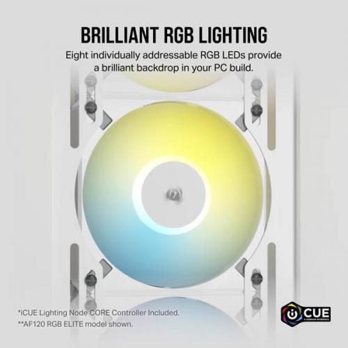 CORSAIR AF SLIM SERIES, AF120 RGB SLIM WHITE, 120MMX15MM FLUID DYNAMIC RGB FAN, DUAL PACK WITH LIGHTING NODE CORE