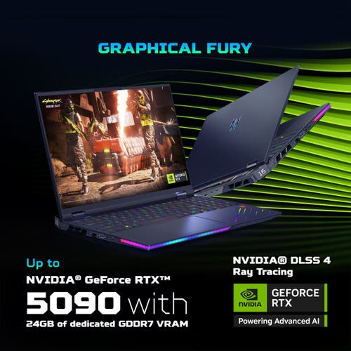 Acer Predator Helios 16 AI, Intel Core Ultra 9 Processor ,32GB RAM DDR5/2TB SSD, RTX 5090-24 GB GDDR7, 16.0" WQXGA OLED, 240Hz Refresh Rate, Windows11 Home, Abyssal Black, 2.65 kg, PH16-73, Per Key RGB Backlight Keyboard