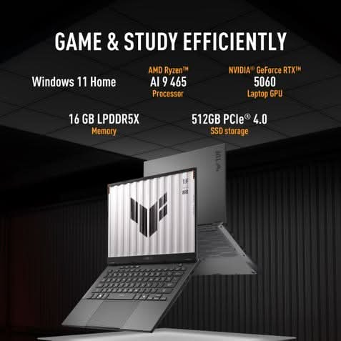 ASUS TUF Gaming A14 FA401GM-RG038WS, AMD Ryzen AI 9 465, 16GB RAM, 512GB SSD, RTX 5060 8GB, 14 inch 2.5K resolution, Windows 11 Home, Microsoft Office Home 2024, Microsoft 365 Basic, Gaming Laptop, 1 Year(s) Warranty, Jaeger Grey