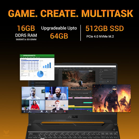 ASUS TUF GAMING A15, GAMING LAPTOP, AMD RYZEN 7 7445HS, RTX 3050 GPU (16GB/512GB/39.62 CMS (15.6) FHD/WINDOWS 11 HOME/MICROSOFT OFFICE HOME 2024 + MICROSOFT 365 BASIC) FA506NCG-HN200WS