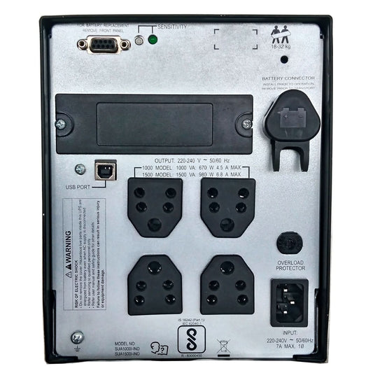 APC Smart-UPS SUA1000I-IND - 1000VA/ 670W | 230V | 4 India 3-pin 6A Outlets | Reliable Power Backup for Critical Devices | Automatic Voltage Regulation | Visual LED and Audible Alarms | User Replacable Battery | Energy Efficient | 2 years Warranty