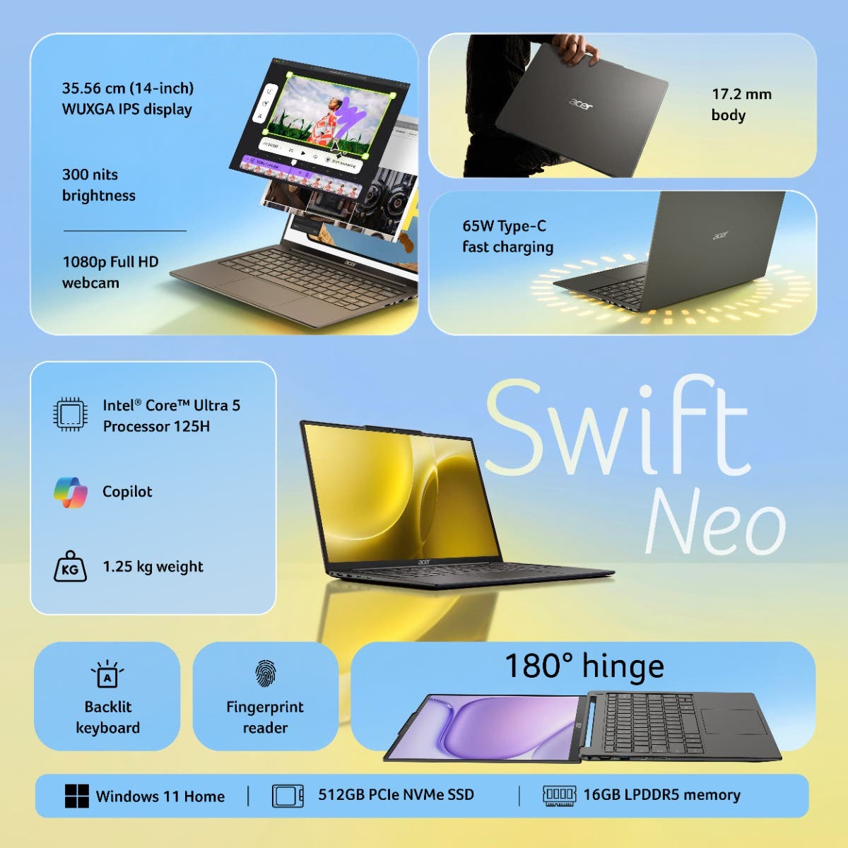 Acer Swift Neo UN.37QSI.006, Intel Core Ultra 5 125H, 16GB RAM, 512GB SSD, 14 inch, Windows 11 Home, MS Office, 1.25 kg, Steel Gray
