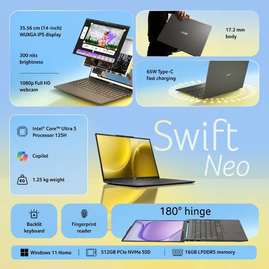 Acer Swift Neo UN.37QSI.006, Intel Core Ultra 5 125H, 16GB RAM, 512GB SSD, 14 inch, Windows 11 Home, MS Office, 1.25 kg, Steel Gray