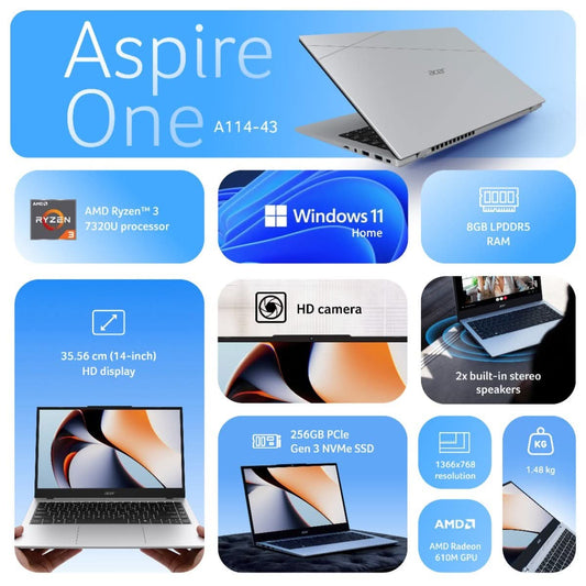 Acer One 14 AMD Ryzen 3 Quad Core 7320U, 8 GB, 256 GB SSD, Windows 11 Home, A114-43 Thin and Light Laptop (14 Inch, Silver, 1.5 Kg)