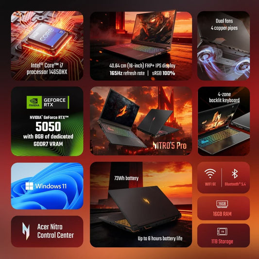 Acer NITRO 5 PRO, Gaming Laptop, Intel Core i7 14650HX, NVIDIA GeForce RTX 5050 - 8 GB GDDR7, 16 GB RAM, 1 TB SSD, FHD 16 Inch/40.64 cm, 165Hz, Windows 11 Home and MS Office, Dark Grey, Backlight Keyboard, 2.5kg, AN5P16-74G2