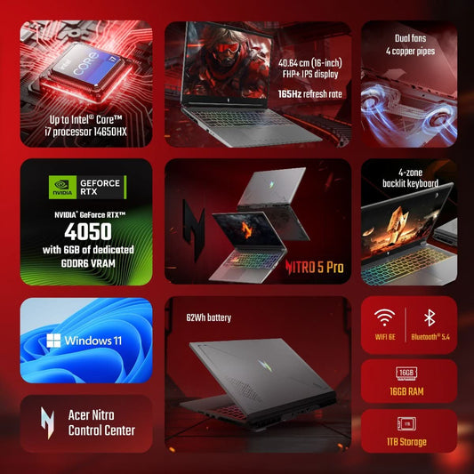 Acer NITRO 5 PRO UN.U7BSI.008, Intel Core i7 14650HX, 16GB RAM, 1TB SSD, RTX 4050 6GB, 16 inch FHD, Windows 11 Home, MS Office, Dark Gray