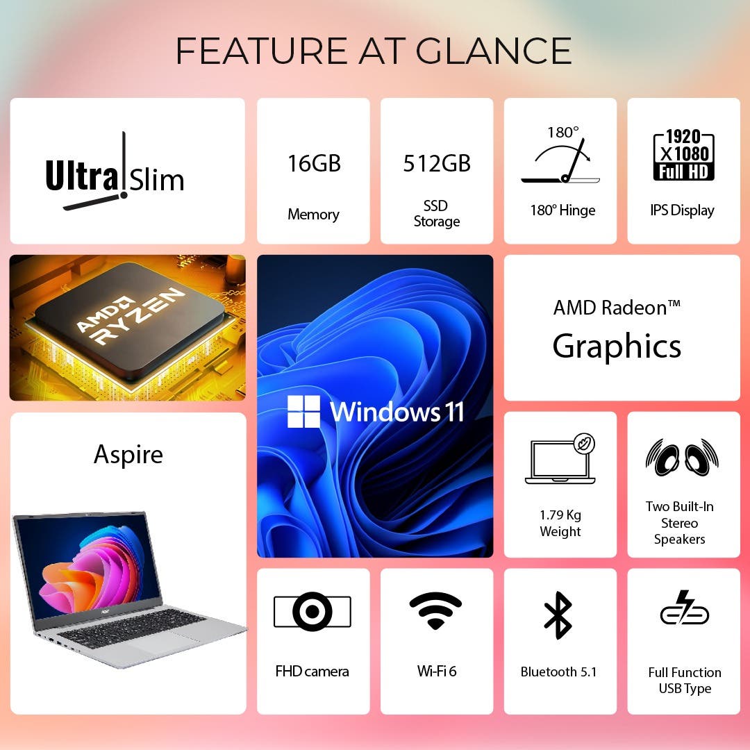 Acer Aspire 15, AMD Ryzen R7 7730U processor, 16 GB RAM, 512GB SSD, Full HD IPS, 15.6"/39.62 cm, Windows 11 Home, Pure Silver, 1.79 kg, AS15-42, Backlit keyboard, Thin and Light Laptop