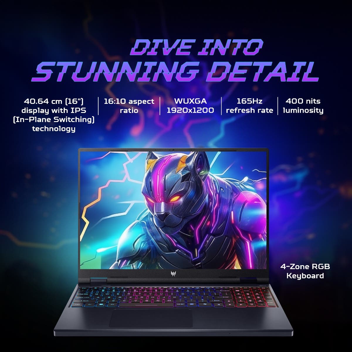 ACER PREDATOR HELIOS NEO 16, GAMING LAPTOP, INTEL CORE I7 14TH GEN- 14700HX PROCESSOR, NVIDIA GEFORCE RTX 4050 - 6 GB GDDR6(16 GB RAM/1 TB GB SSD) WUXGA IPS DISPLAY , 16"/ 40.6 CM, 165 HZ, WIN 11 HOME, ABYSSAL BLACK, 2.8 KG, PHN16-72, BACKLIGHT KEYBOARD
