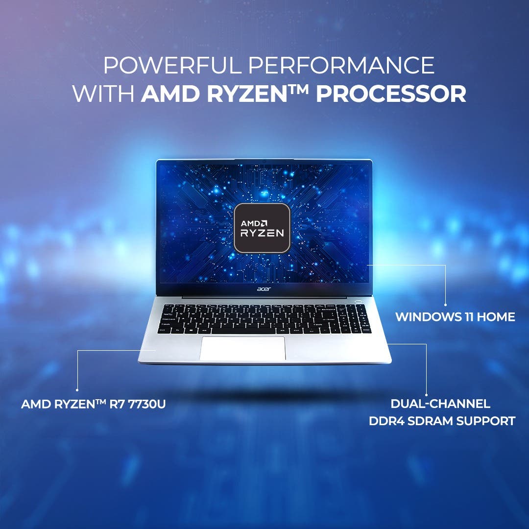 Acer Aspire 15, AMD Ryzen R7 7730U processor, 16 GB RAM, 512GB SSD, Full HD IPS, 15.6"/39.62 cm, Windows 11 Home, Pure Silver, 1.79 kg, AS15-42, Backlit keyboard, Thin and Light Laptop