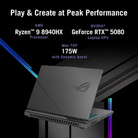 ASUS ROG Strix G16, Gaming Laptop, AMD Ryzen 9 8940HX, RTX 5080 GPU (16GB/1TB/40.64 cms (16) FHD+/Windows 11 Home/Office Home 2024 + M365 Basic (1 Year Validity) G614PW-RV078WS
