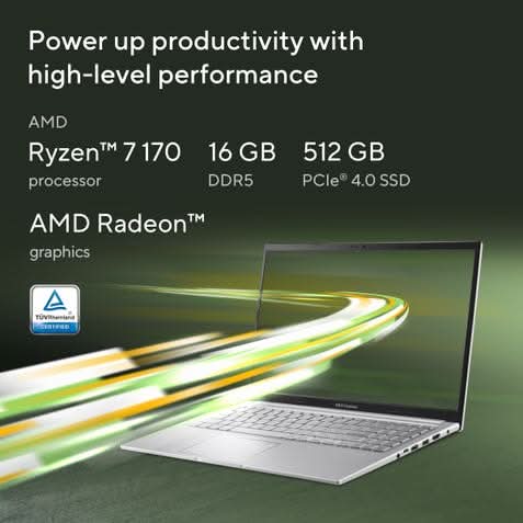 ASUS Vivobook 15, AMD Ryzen 7 170 Processor 16GB, 512GB, AMD Radeon Graphics, 39.62 cms, 15.6 Inch FHD, Windows 11 Home, Office Home 2024 and M365 Basic, 1 Year Validity, M1502NAQ-BQ121WS