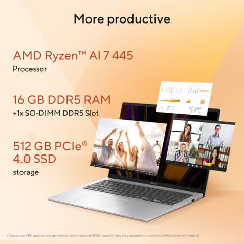ASUS Vivobook 16 M1607GA-MB029WS (AMD Ryzen AI 7 445, 16GB, 512GB SSD, AMD Radeon Graphics, 16 inch FHD Plus, Windows 11 Home, Office Home 2024 with M365 Basic, 1 Year, Silver
