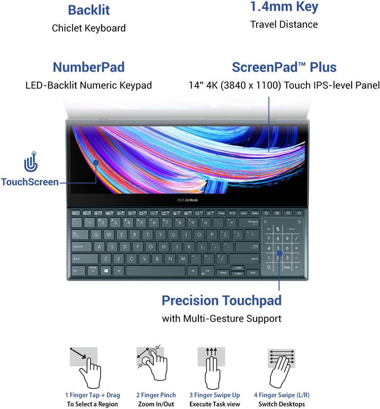 ASUS ZENBOOK PRO DUO 15 OLED TOUCHSCREEN INTEL H-SERIES INTEL CORE I7 10TH GEN 10870H - (32 GB/1 TB SSD/WINDOWS 10 HOME/8 GB GRAPHICS/INTEL INTEGRATED UHD) UX582LR-H701TS CREATOR LAPTOP  (15.6 INCH, CELESTIAL BLUE, 2.34 KG, WITH MS OFFICE)