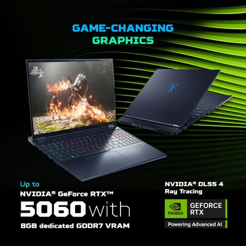Acer Predator Helios Neo 16S AI Ultra 7 processor 255HX 16 GB DDR5 6400MHz Memory 1024GB PCIe NVMe SED SSD RTX 5060 8G-GDDR7 (4C*512*8*4) 28Gbps 16" OLED 240Hz DCI-P3 100% DDS W11 Abyssal Black