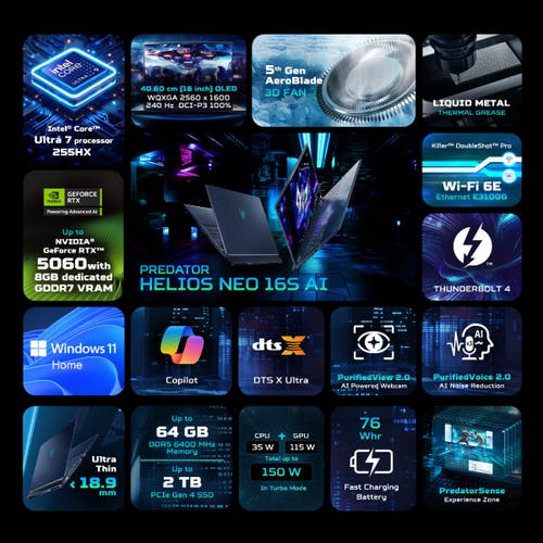 Acer Predator Helios Neo 16S AI Ultra 7 processor 255HX 16 GB DDR5 6400MHz Memory 1024GB PCIe NVMe SED SSD RTX 5060 8G-GDDR7 (4C*512*8*4) 28Gbps 16" OLED 240Hz DCI-P3 100% DDS W11 Abyssal Black