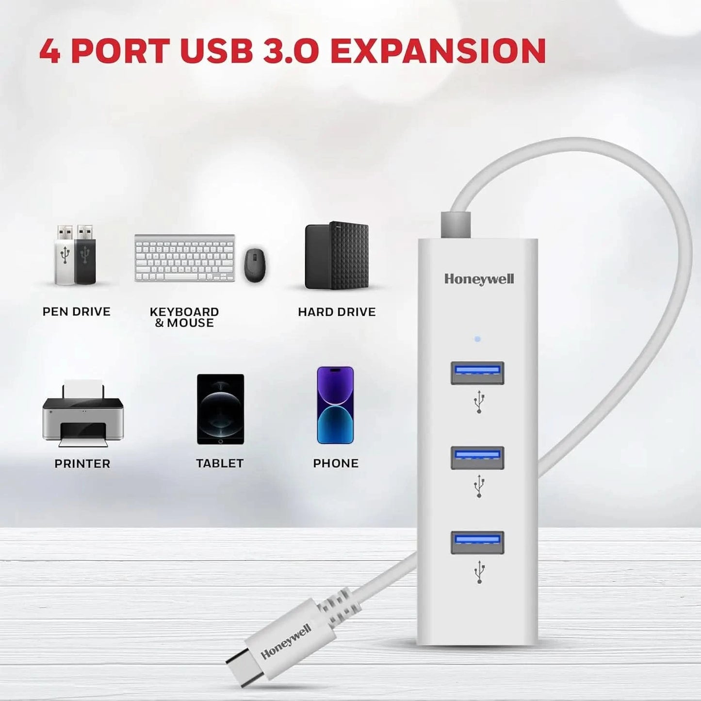 Honeywell Momentum Type C to 4xUSB 3.0 Hub, Super-Fast Transmission Speed 5GBPS, Max Current 900mA per Port, Universally Compatible with All Type C- MacBook, Laptop, PC, Printer, Mobiles, Keyboard
